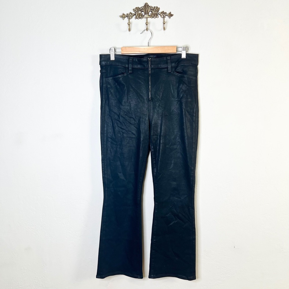 Paige Pants Claudine Size 31 Black Coated Denim Exposed Zip Ankle Flare